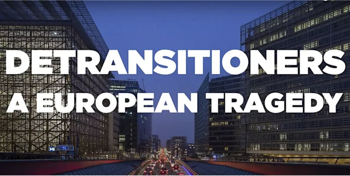 Titelbild des Dokumentarfilms: Schriftzug „DETRANSITIONERS – A EUROPEAN TRAGEDY“ vor Bürogebäuden